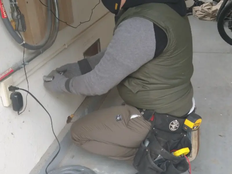 Electrician performing outlet wiring in a Northvale garage